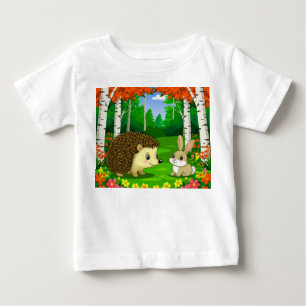 Camiseta Para Bebê ouriço Fofo e coelho em uma Floresta Brilhante