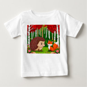 Camiseta Para Bebê ouriço Fofo e raposa em uma Floresta Brilhante