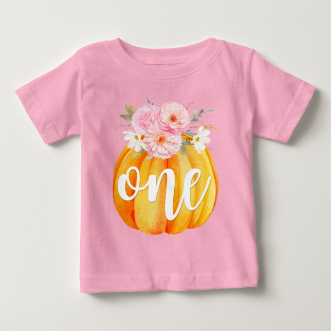 Camiseta Para Bebê Outono Floral Abóbora Aniversário de 1 Ano da Meni (Frente)