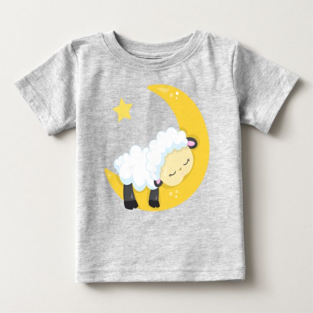Camiseta Para Bebê Ovelhas Bonitas, Ovelhas Dormindo, Lua, Estrelas,  (Frente)
