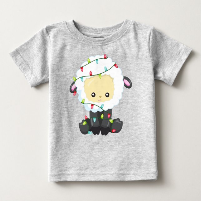 Camiseta Para Bebê Ovelhas de Natal, Luzes de Natal, Ovinos Bons (Frente)