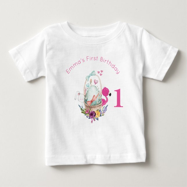 Camiseta Para Bebê Ovo, Flamingo e Bunny Primeiro Aniversário (Frente)