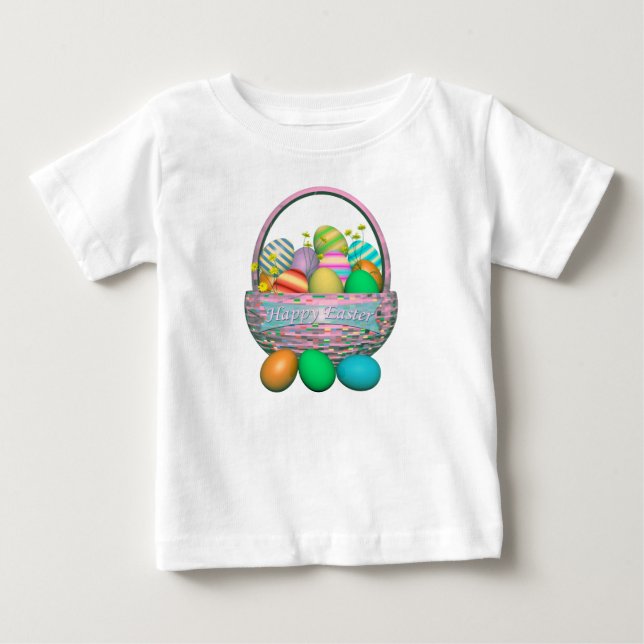 Camiseta Para Bebê Ovos de Páscoa Pintados em Cesta (Frente)