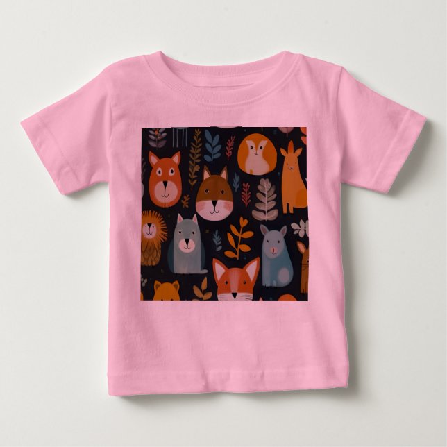 Camiseta Para Bebê padrão de animais da floresta branca T-Shirt (Frente)