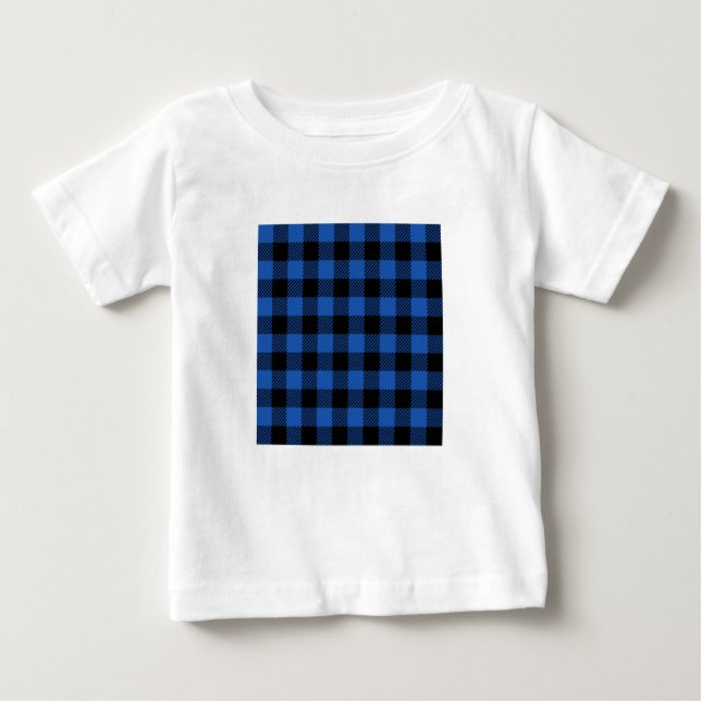 Camiseta Para Bebê Padrão de Buffalo Verificado Preto e Azul (Frente)