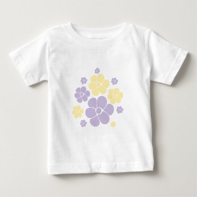 Camiseta Para Bebê Padrão de Flor - Amarelo e Púrpura Pastel (Frente)