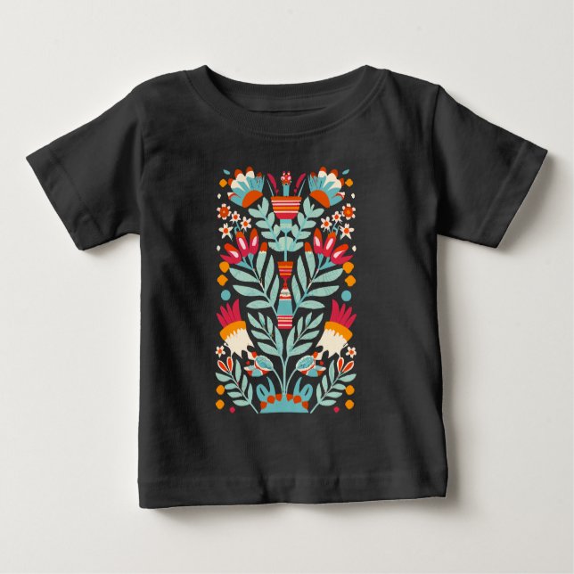 Camiseta Para Bebê Padrão de Flor Otomi Arte Floral Mexicana (Frente)