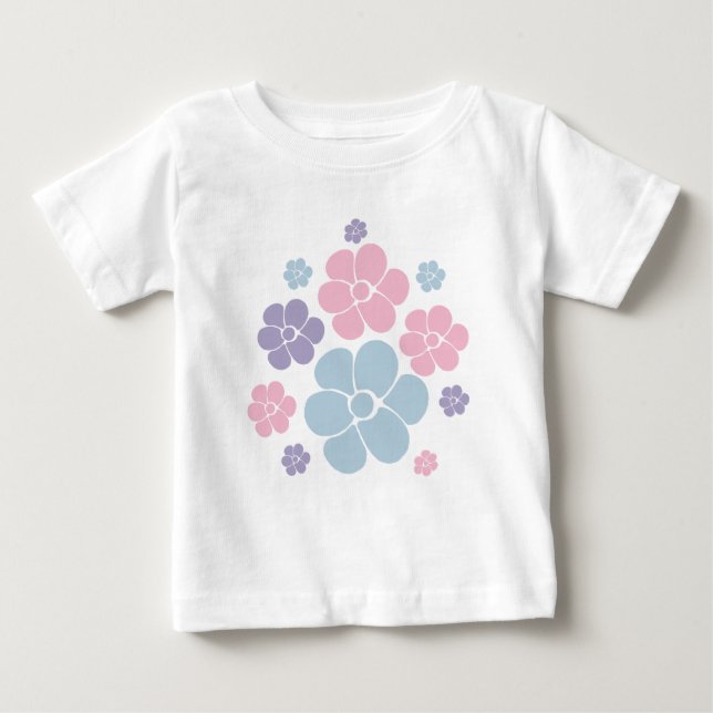 Camiseta Para Bebê Padrão de Flores em Azul, Lilás e Rosa (Frente)