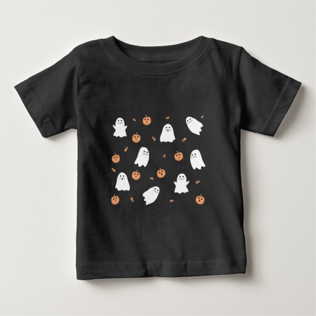 Camiseta Para Bebê Padrão de Halloween Preto de Fantasma e Abóbora Fo (Frente)