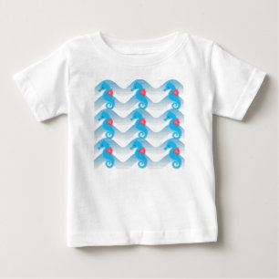 Camiseta Para Bebê Padrão De Ondas Azuis E Cavalos-Do-Mar