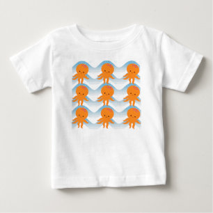 Camiseta Para Bebê Padrão De Polvo Laranja E Ondas Azuis