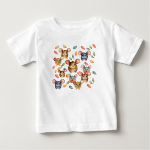 Camiseta Para Bebê Padrão de Ratos em Aquarela e Folhas de Outono Fof