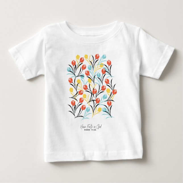 Camiseta Para Bebê Padrão de Tulipas Vibrante Design Floral em Branco (Frente)