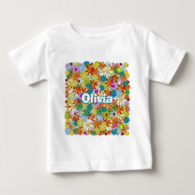 Camiseta Para Bebê Padrão Floral de Monograma ou Nome Personalizado (Frente)