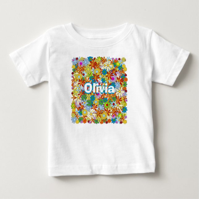 Camiseta Para Bebê Padrão Floral de Monograma ou Nome Personalizado (Frente)
