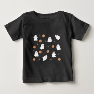 Camiseta Para Bebê Padrão Preto de Halloween de Fantasma Fofo e Abóbo