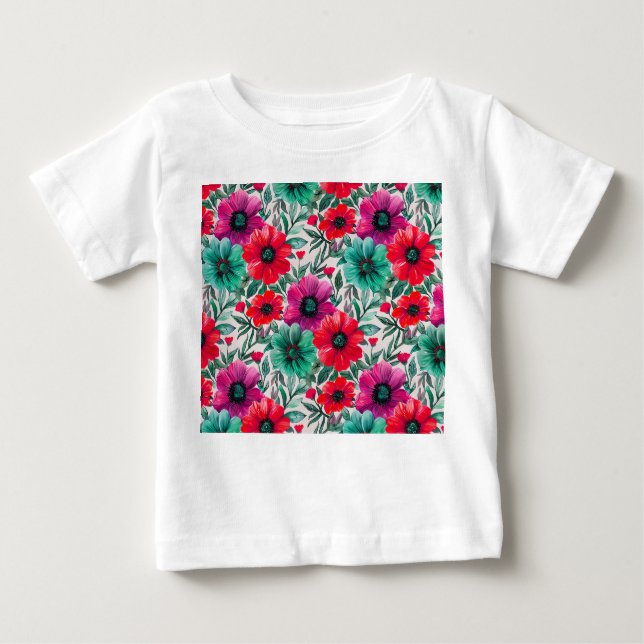 Camiseta Para Bebê Padrão retro de moda russa floral (Frente)