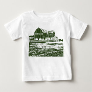 Camiseta Para Bebê Paisagem de campo com recortes de madeira casa de 