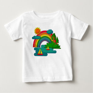 Camiseta Para Bebê Paisagem de viagem de barco sob nuvens solares e a