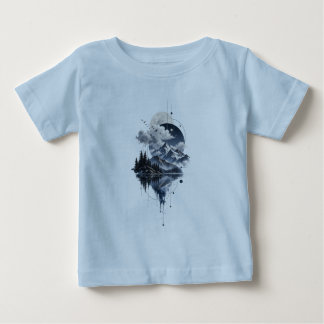 Camiseta Para Bebê Paisagem Mística de Montanha Lua e Clo Geométrico