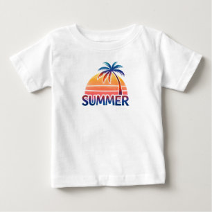 Camiseta Para Bebê Palmeira de pôr do sol retrô de verão