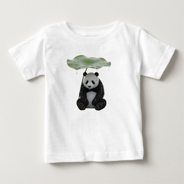 Camiseta Para Bebê Panda 3D se abrigando sob folha de lótus (Frente)