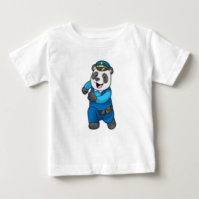 Camiseta Para Bebê Panda como agente da polícia com chapéu da polícia (Frente)