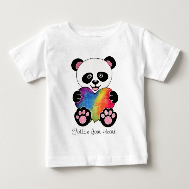 Camiseta Para Bebê Panda Cuta De Aquarela Com Coração Arco-Íris (Frente)