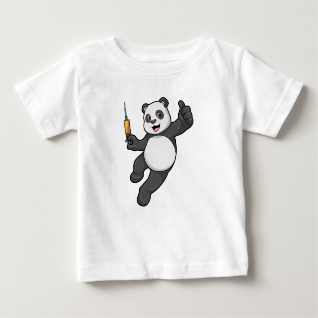 Camiseta Para Bebê Panda na Vacinação com Seringa (Frente)