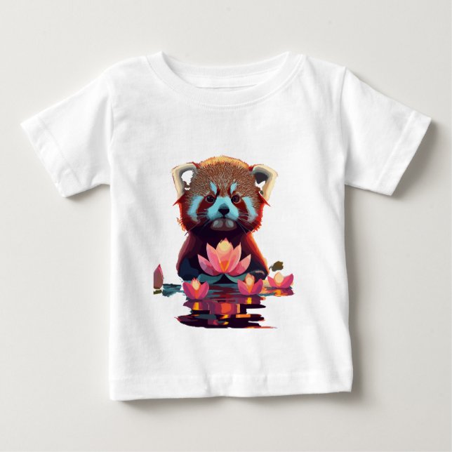 Camiseta Para Bebê Panda vermelha num lago de lótus (Frente)