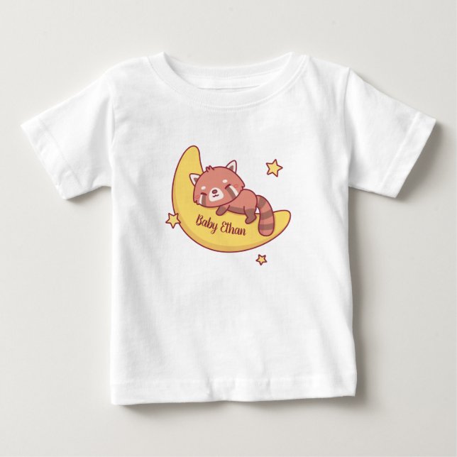 Camiseta Para Bebê Panda Vermelho Fofo Dormindo Na Lua (Frente)