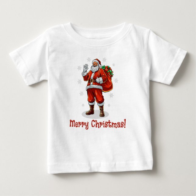 Camiseta Para Bebê Papai Noel Clássico trazendo presentes de Natal (Frente)