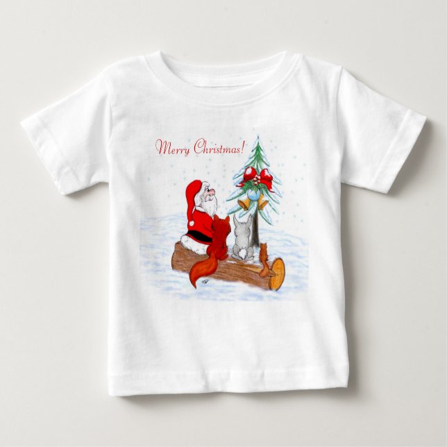 Camiseta Para Bebê Papai Noel com Raposa e Esquilo do Coelho (Frente)