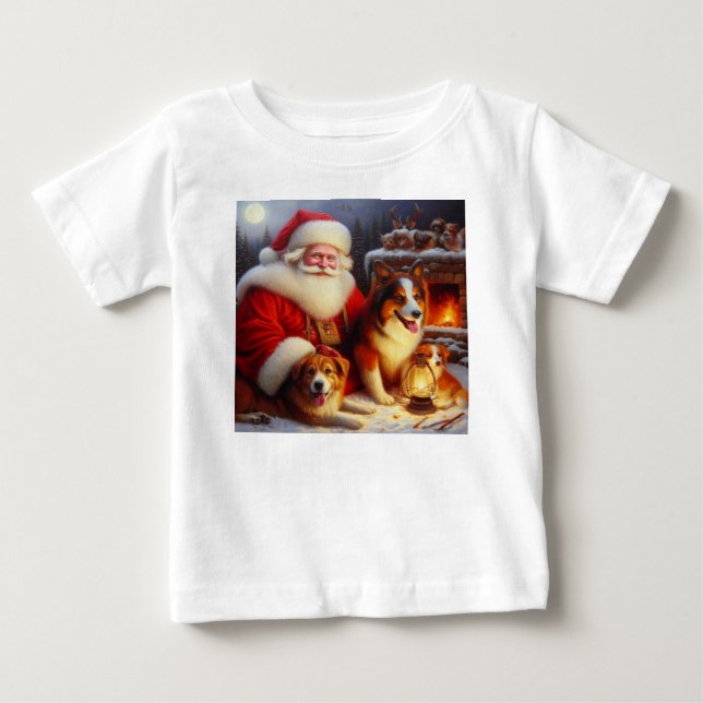 Camiseta Para Bebê Papai Noel de Natal com Cães 1 (Frente)