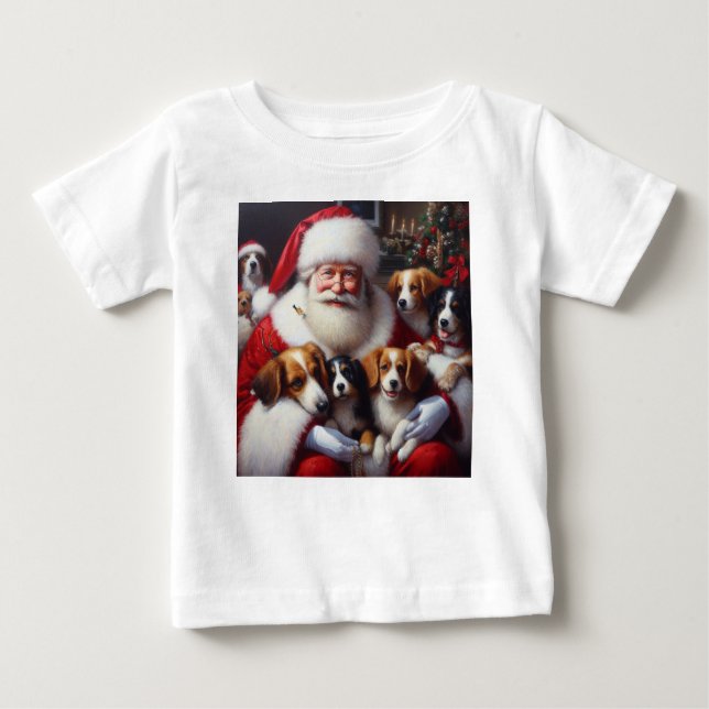 Camiseta Para Bebê Papai Noel de Natal com Cães 2 (Frente)