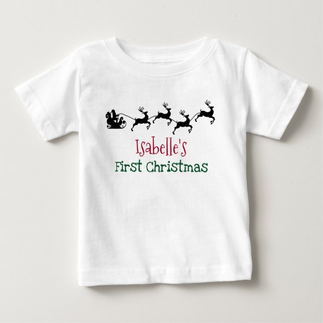 Camiseta Para Bebê Papai Noel e Reinador Voador Primeiro Natal (Frente)