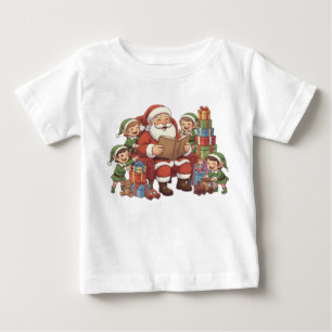 Camiseta Para Bebê Papai Noel e seus Elfos – Ilustração Natalina Fofa