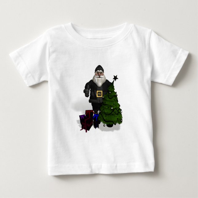 Camiseta Para Bebê Papai Noel Em Preto Couro (Frente)