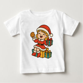 Camiseta Para Bebê Papai Noel Menina com Biscoitos e Presentes