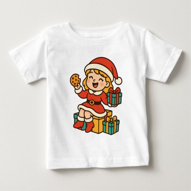 Camiseta Para Bebê Papai Noel Menina com Biscoitos e Presentes (Frente)