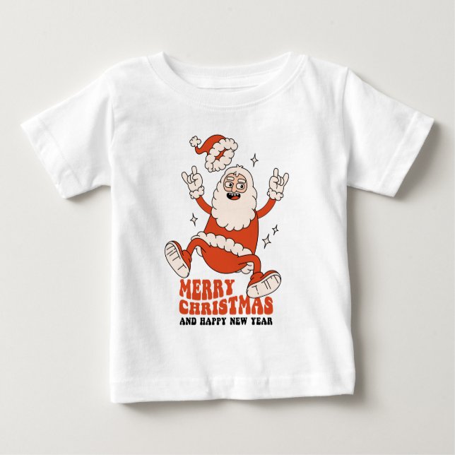 Camiseta Para Bebê Papai Noel Rockin - Uma Feliz e um Natal Alto (Frente)