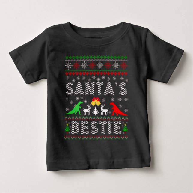 Camiseta Para Bebê Papais noeis Bestie Dino Winter Christmas Ugly Swe (Frente)