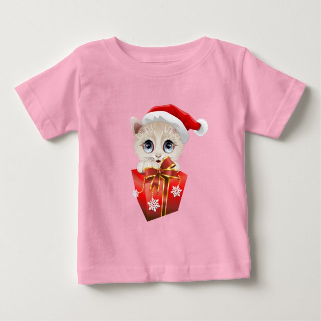 Camiseta Para Bebê Papais noeis de Natal Kitten com presentes (Frente)