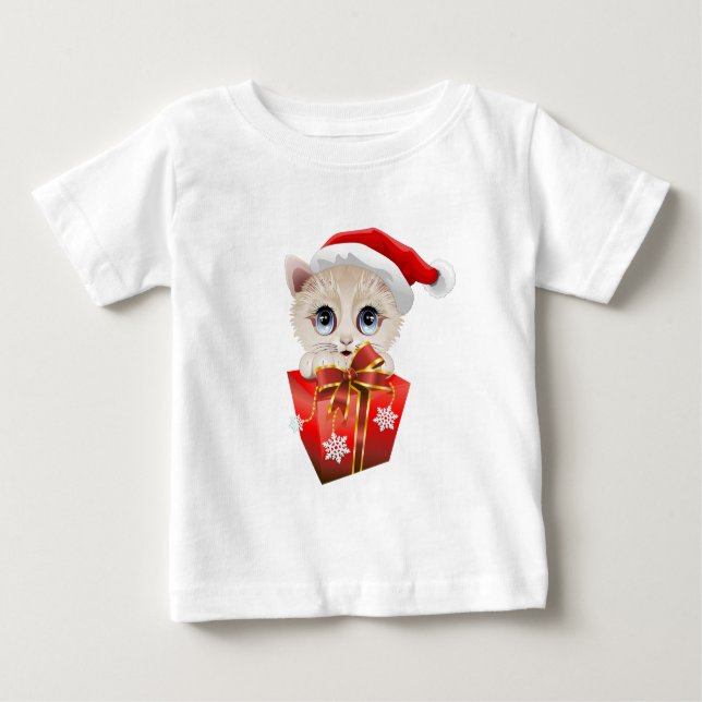 Camiseta Para Bebê Papais noeis de Natal Kitten com presentes (Frente)