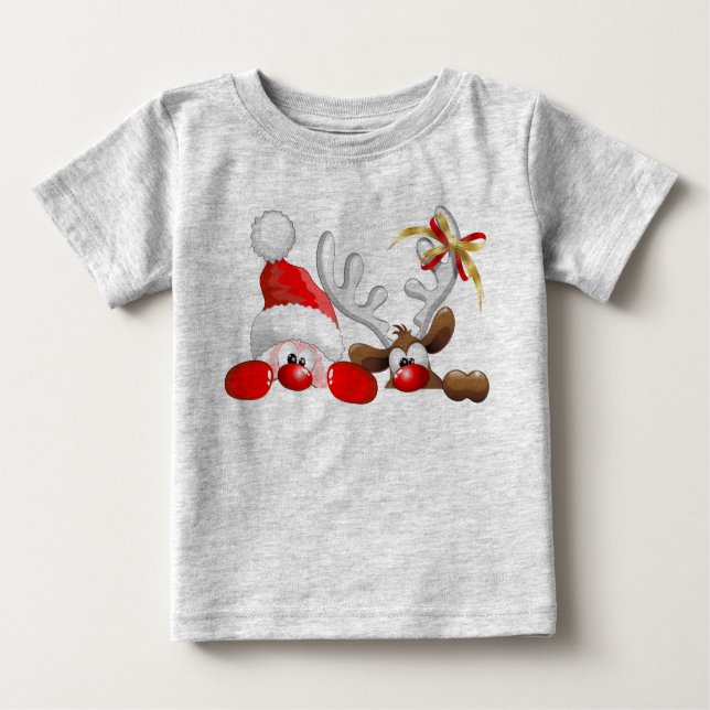 Camiseta Para Bebê Papais noeis engraçados e Criança de Cartoon de Re (Frente)