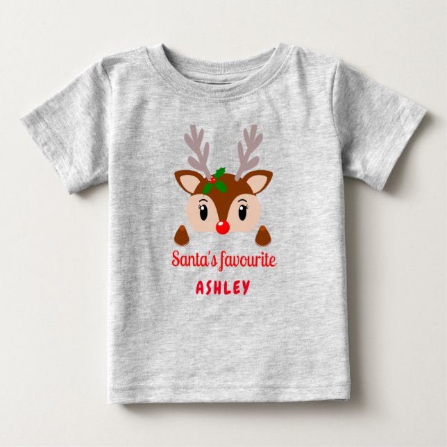 Camiseta Para Bebê Papais noeis favoritos, Rudolph reindeer bebê Nata (Frente)