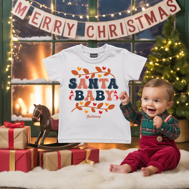 Camiseta Para Bebê Papais noeis Feriados Retroativos Personalizados (Retro Holiday Santa Baby Personalized Baby T-Shirt)