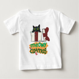 Camiseta Para Bebê Papais noeis pretos Gato enredado em luzes de árvo