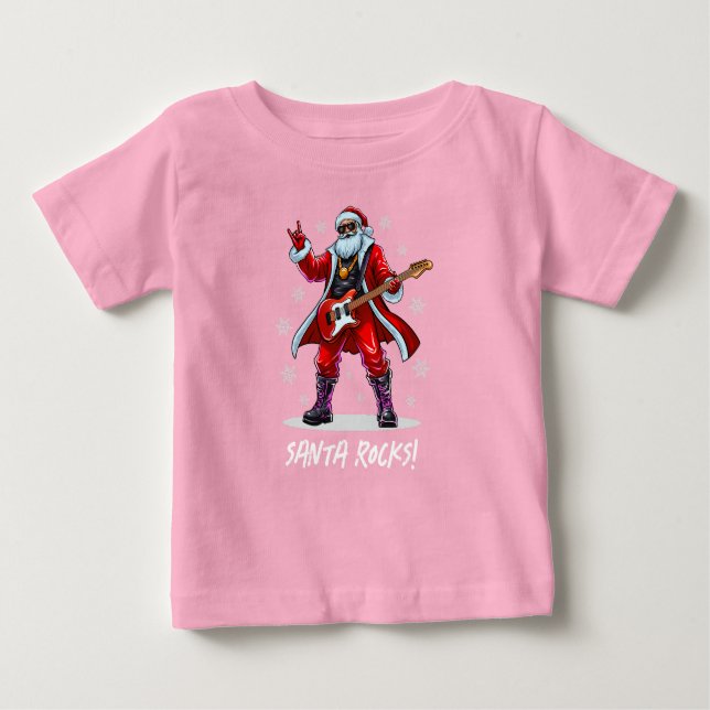 Camiseta Para Bebê Papais noeis Rocks! Engraçado Papai Noel tocando v (Frente)