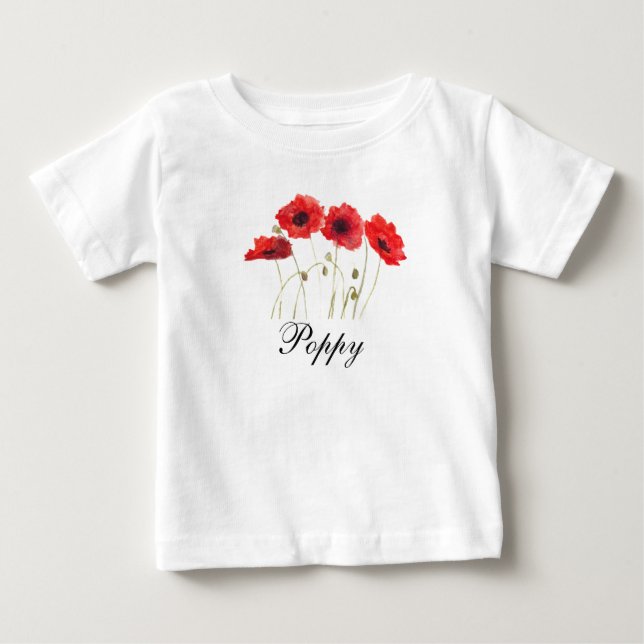 Camiseta Para Bebê Papoulas Água-tinta Floral Vermelha Papoula Bebê (Frente)